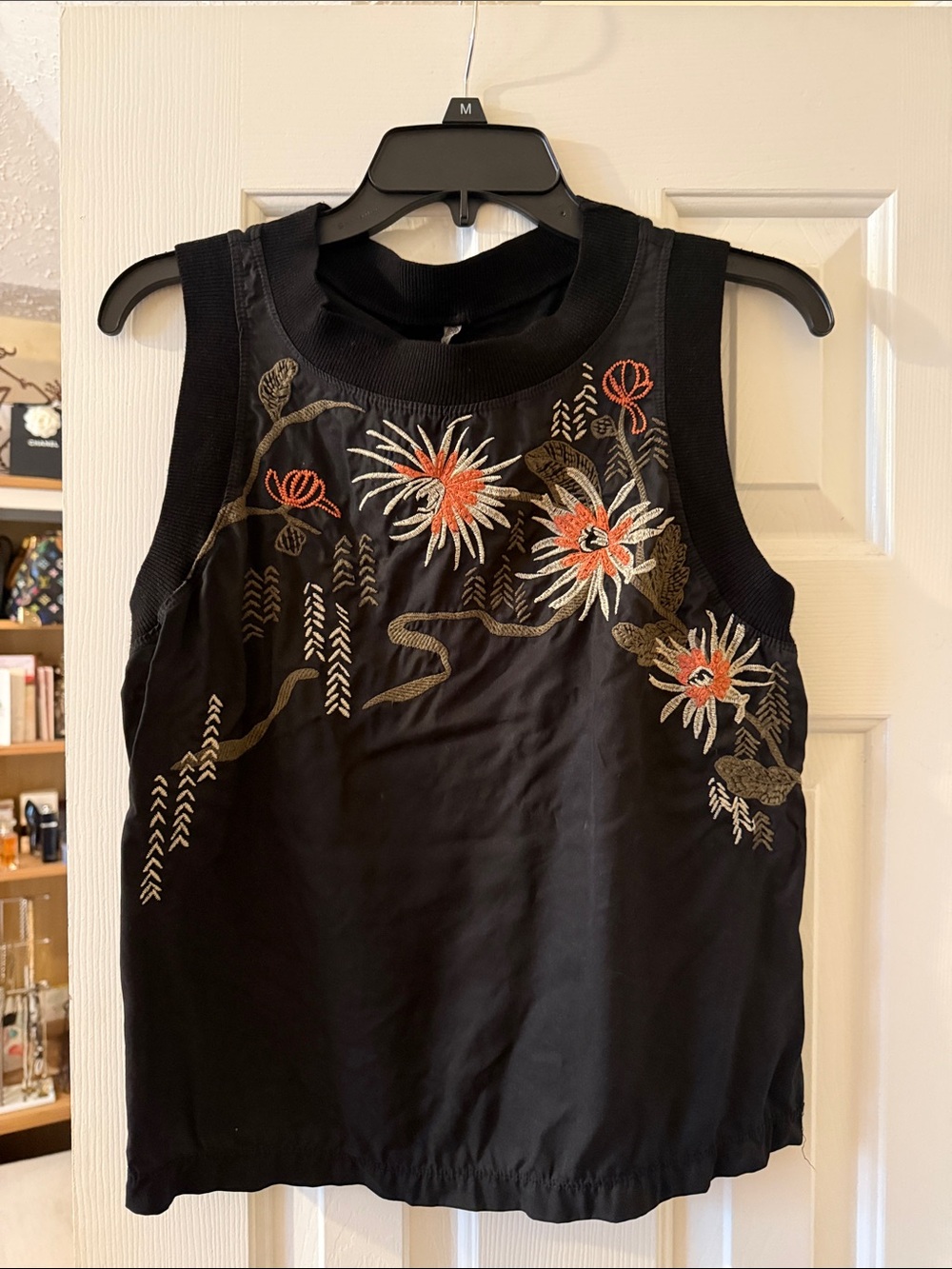 XCVI Black Sleeveless Tank with Orange & Cream Floral Embroidery